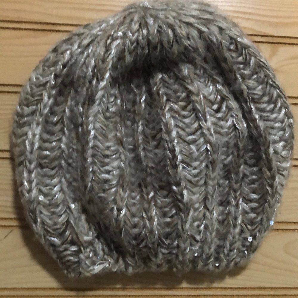 New York & Company Tan White Sparkle Sequin Chunky Knit Beanie Cap